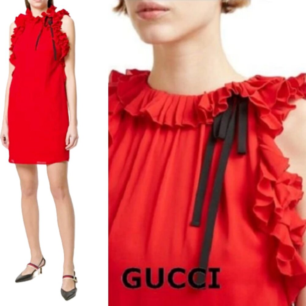 GUCCI Iconic Sleeveless Ruffle Cocktail Mini Dress in Red sz US 4-6 IT 42 $1620